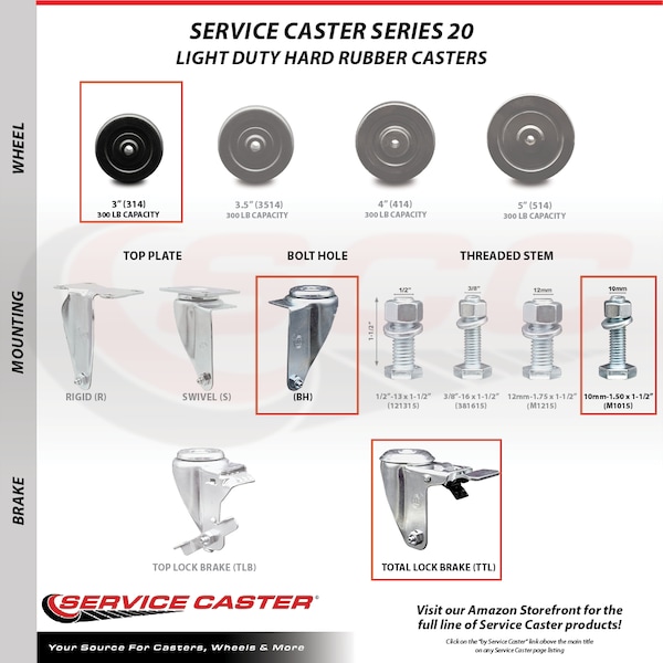Service Caster 3 Inch SS Hard Rubber Swivel 10mm Threaded Stem Caster Lock Brake SCC, 2PK SCC-SSTSTTL20S314-HRS-M1015-2-S-2 - main